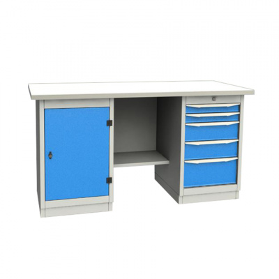 купить GARWIN 004065-1 Верстак двухтумбовый с дверцей и 5 ящиками с оцинкованной столешницей 1700 мм (синий RAL5005)