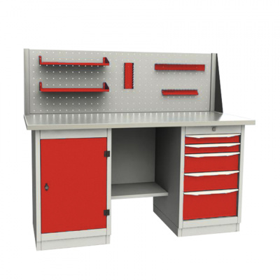 купить GARWIN 004065-3 Верстак двухтумбовый с дверцей и 5 ящиками с оцинкованной столешницей 1700 мм (красный RAL3000)