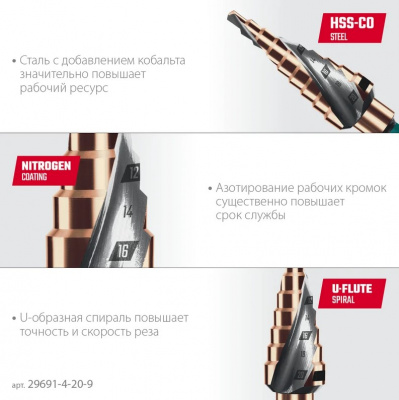 купить Сверло ступенчатое KRAFTOOL Cobalt 4-20мм, 9 ступеней KRAFTOOL