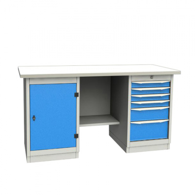 купить GARWIN 004070-1 Верстак двухтумбовый с дверцей и 6 ящиками с оцинкованной столешницей 1700 мм (синий RAL5005)