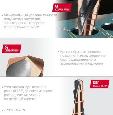 купить KRAFTOOL 29691-4-20-9 Сверло ступенчатое KRAFTOOL Cobalt 4-20мм, 9 ступеней