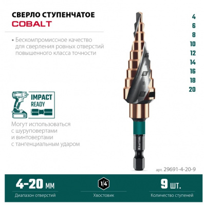 купить KRAFTOOL 29691-4-20-9 Сверло ступенчатое KRAFTOOL Cobalt 4-20мм, 9 ступеней