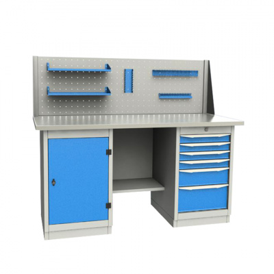 купить GARWIN 004070-1 Верстак двухтумбовый с дверцей и 6 ящиками с оцинкованной столешницей 1700 мм (синий RAL5005)