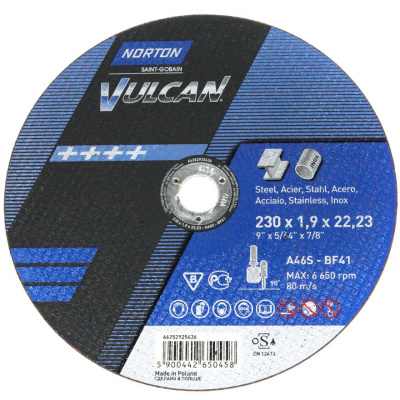 купить NORTON  66252925435 NORTON 66252925435 Круг отрезной Vulcan 180 x 1,6 x 22,23 A 46 S-BF41 мет/нерж