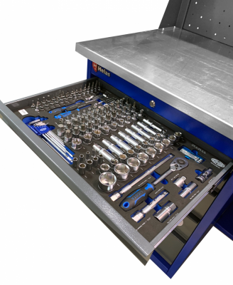 купить HELAS HL-1500M5-D1-B Верстак однотумбовый с экраном 5 полок 1500 мм (сине-серый)