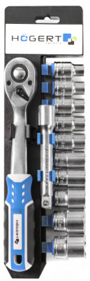 купить HOEGERT HT1R332 Набор торцевых головок  10 шт. с удлинителем 125 мм и трещоткой 1/2", 72 зубца