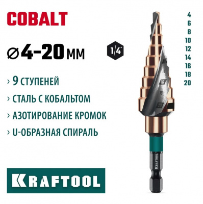 купить Сверло ступенчатое KRAFTOOL Cobalt 4-20мм, 9 ступеней KRAFTOOL