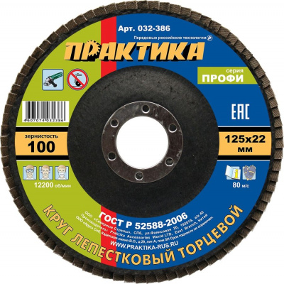купить ПРАКТИКА 032-386 Круг лепестковый шлифовальный ПРАКТИКА 125 х 22 мм Р100 (1шт.) серия Профи