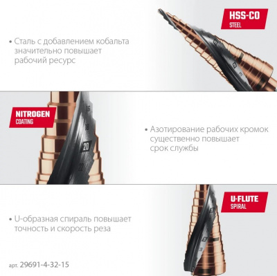 купить KRAFTOOL 29691-4-32-15 Сверло ступенчатое KRAFTOOL Cobalt 4-32мм, 15 ступеней